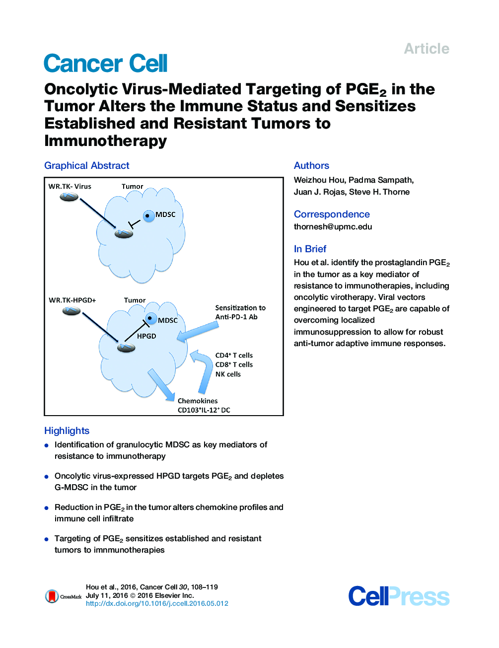 Oncolytic Virus-Mediated Targeting of PGE2 in the Tumor Alters the Immune Status and Sensitizes Established and Resistant Tumors to Immunotherapy