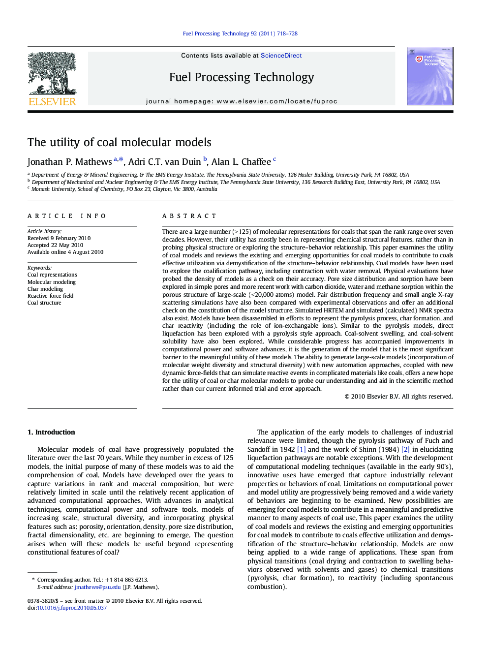 The utility of coal molecular models