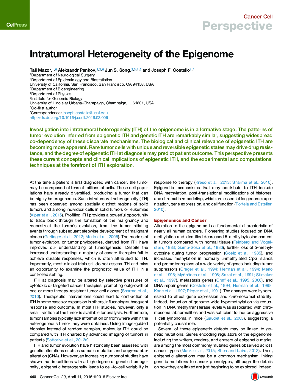 Intratumoral Heterogeneity of the Epigenome