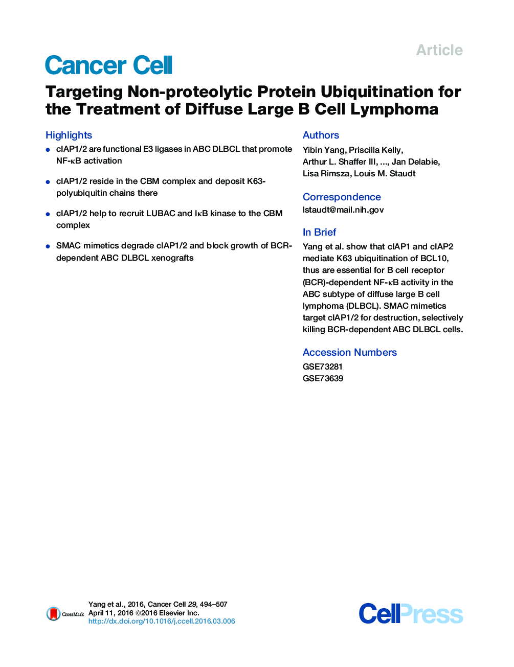 Targeting Non-proteolytic Protein Ubiquitination for the Treatment of Diffuse Large B Cell Lymphoma