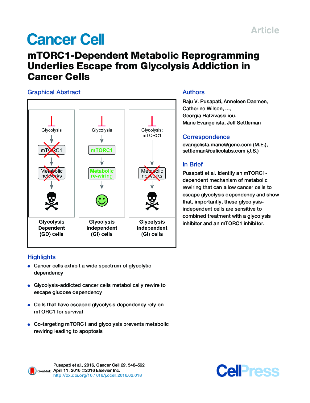 mTORC1-Dependent Metabolic Reprogramming Underlies Escape from Glycolysis Addiction in Cancer Cells