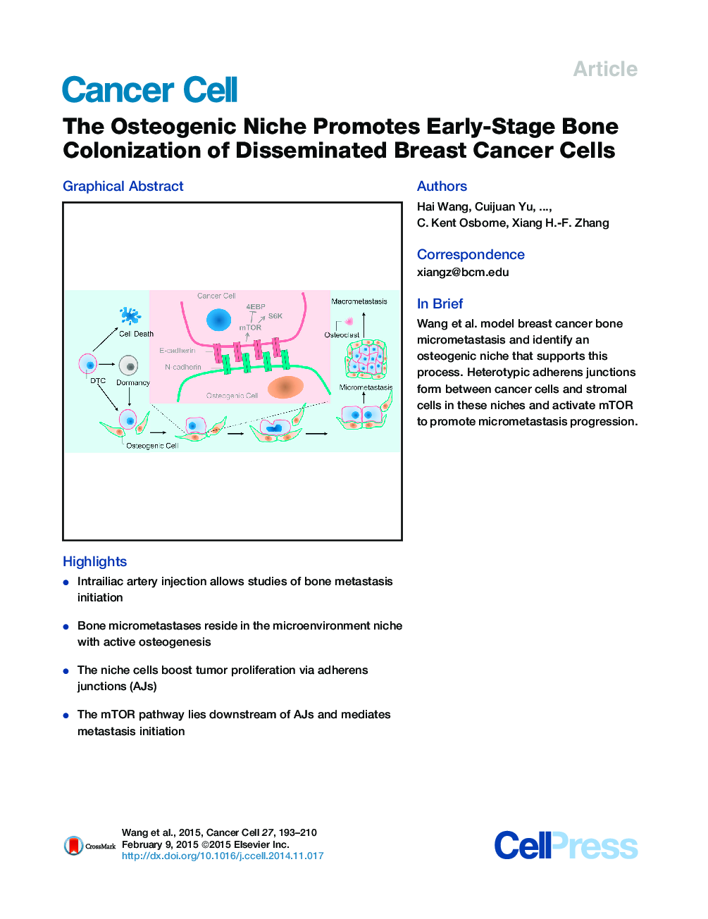 The Osteogenic Niche Promotes Early-Stage Bone Colonization of Disseminated Breast Cancer Cells