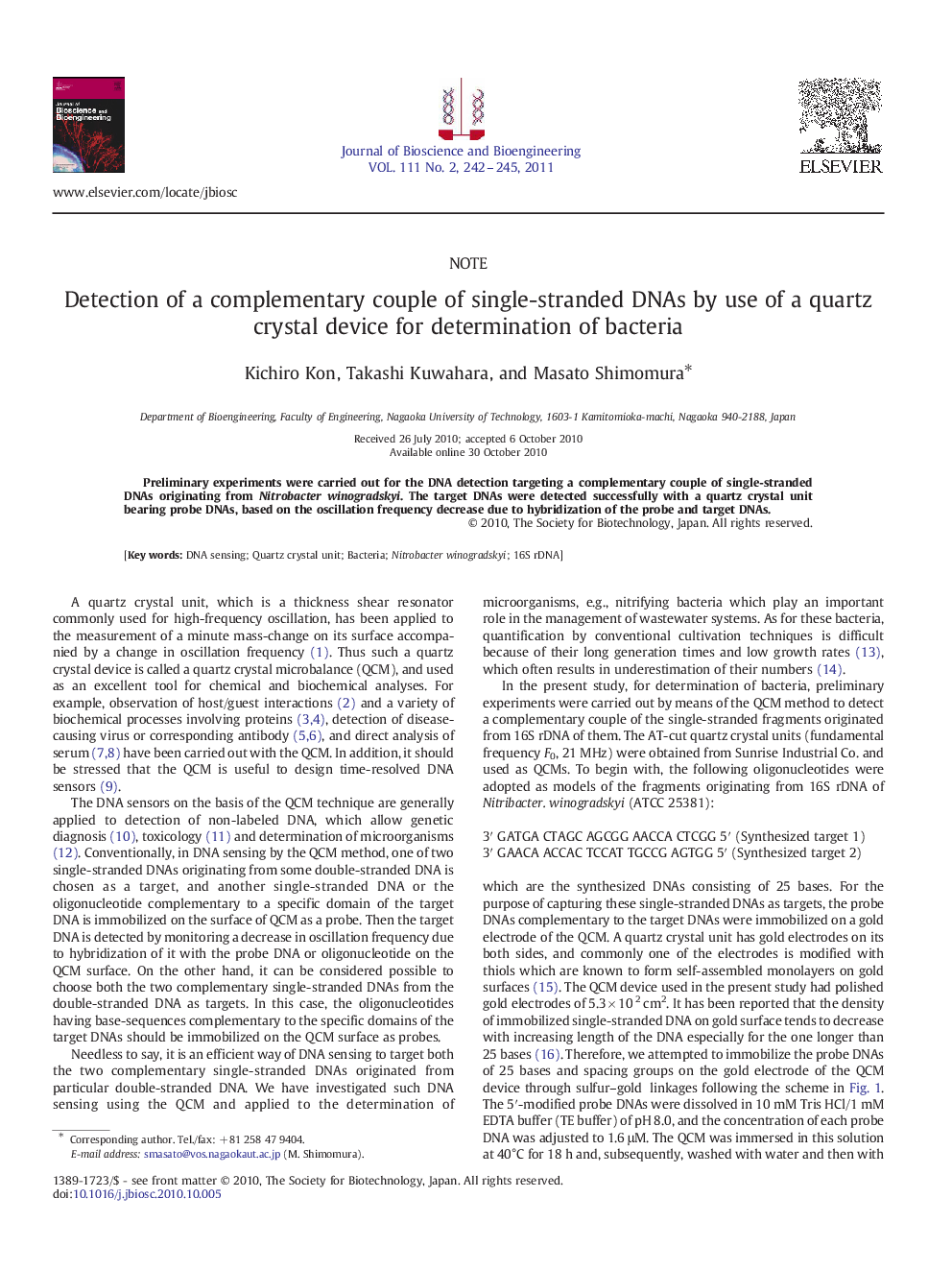 Detection of a complementary couple of single-stranded DNAs by use of a quartz crystal device for determination of bacteria