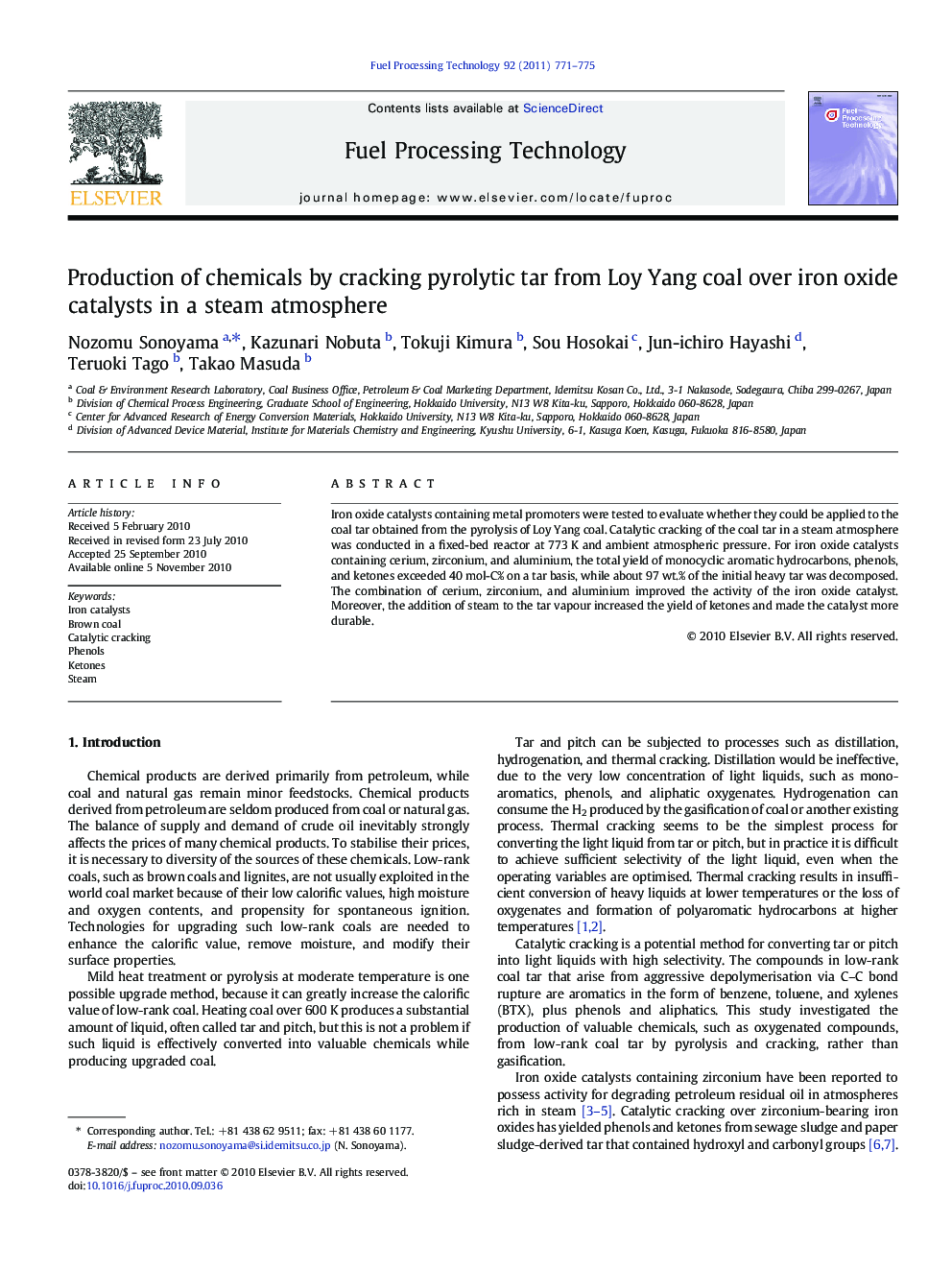 Production of chemicals by cracking pyrolytic tar from Loy Yang coal over iron oxide catalysts in a steam atmosphere