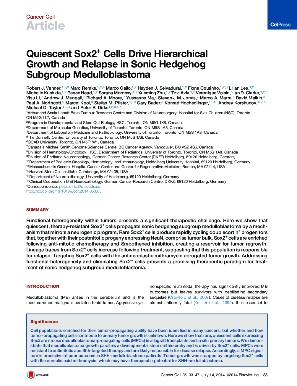 Quiescent Sox2+ Cells Drive Hierarchical Growth and Relapse in Sonic Hedgehog Subgroup Medulloblastoma