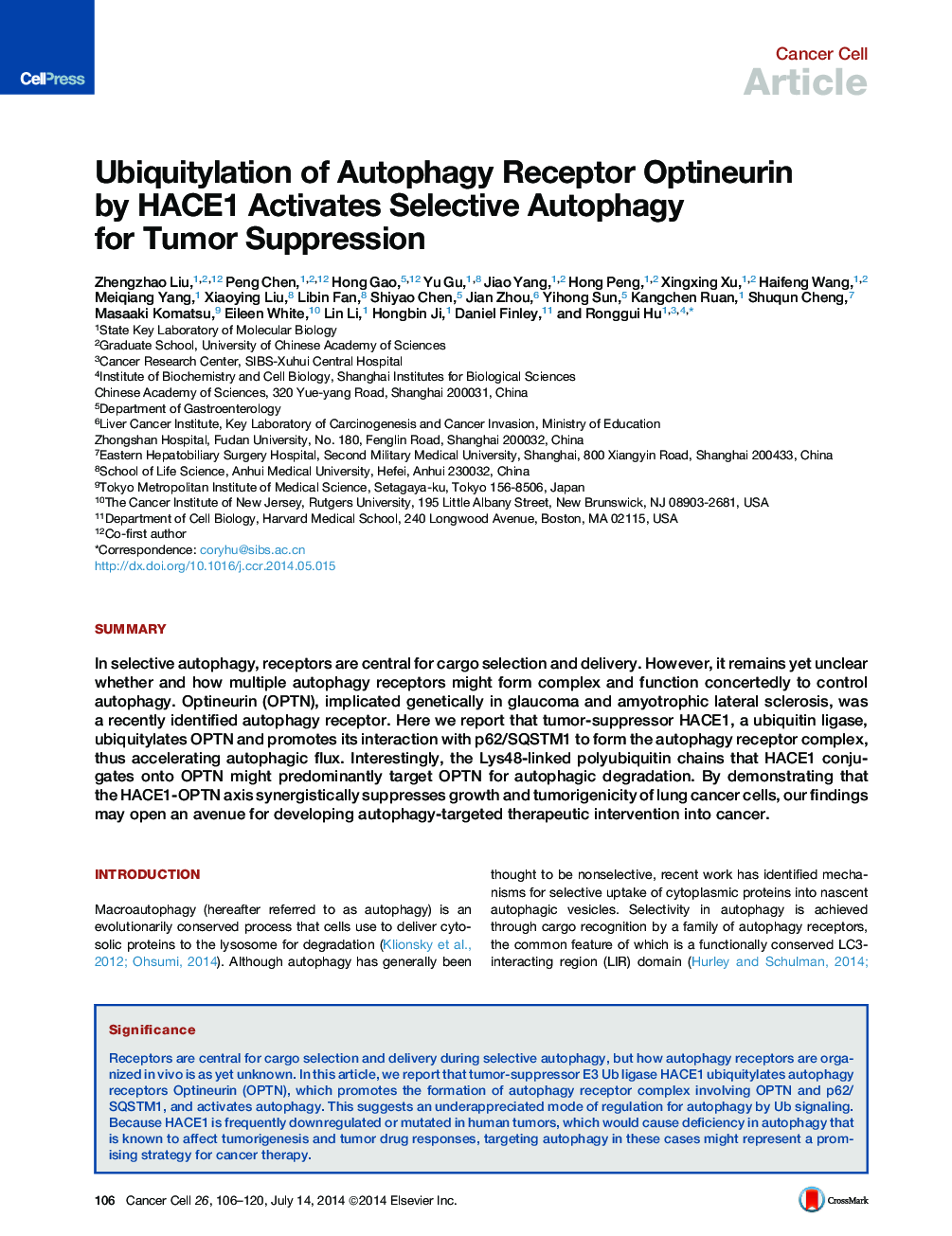 Ubiquitylation of Autophagy Receptor Optineurin by HACE1 Activates Selective Autophagy for Tumor Suppression