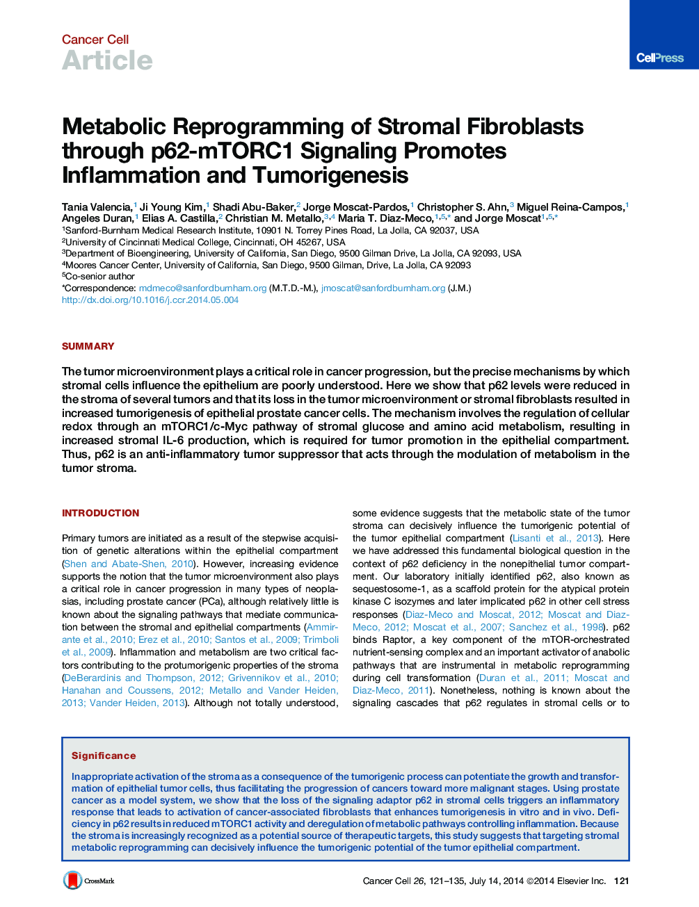 Metabolic Reprogramming of Stromal Fibroblasts through p62-mTORC1 Signaling Promotes Inflammation and Tumorigenesis