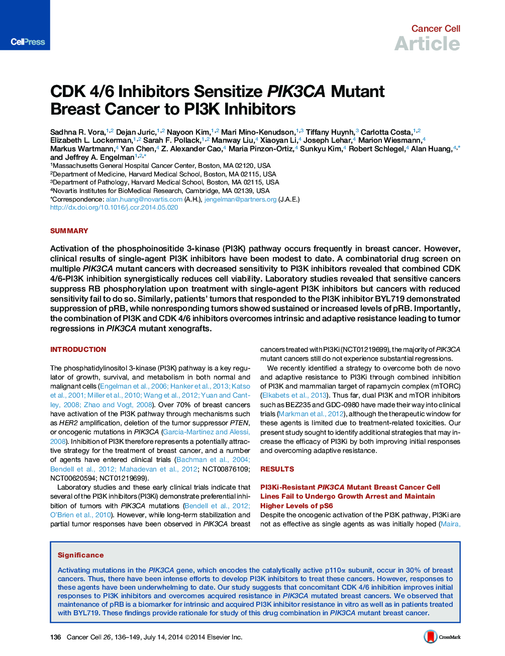 CDK 4/6 Inhibitors Sensitize PIK3CA Mutant Breast Cancer to PI3K Inhibitors