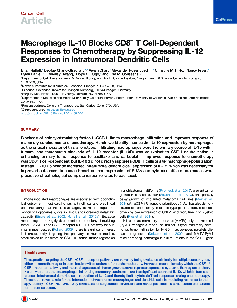 Macrophage IL-10 Blocks CD8+ T Cell-Dependent Responses to Chemotherapy by Suppressing IL-12 Expression in Intratumoral Dendritic Cells