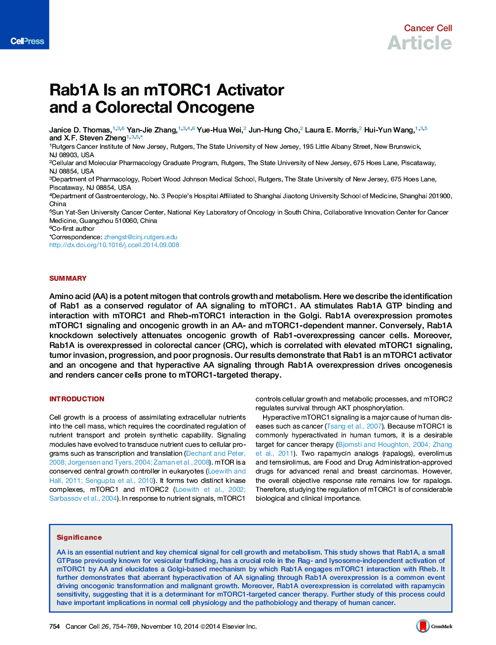 Rab1A Is an mTORC1 Activator and a Colorectal Oncogene
