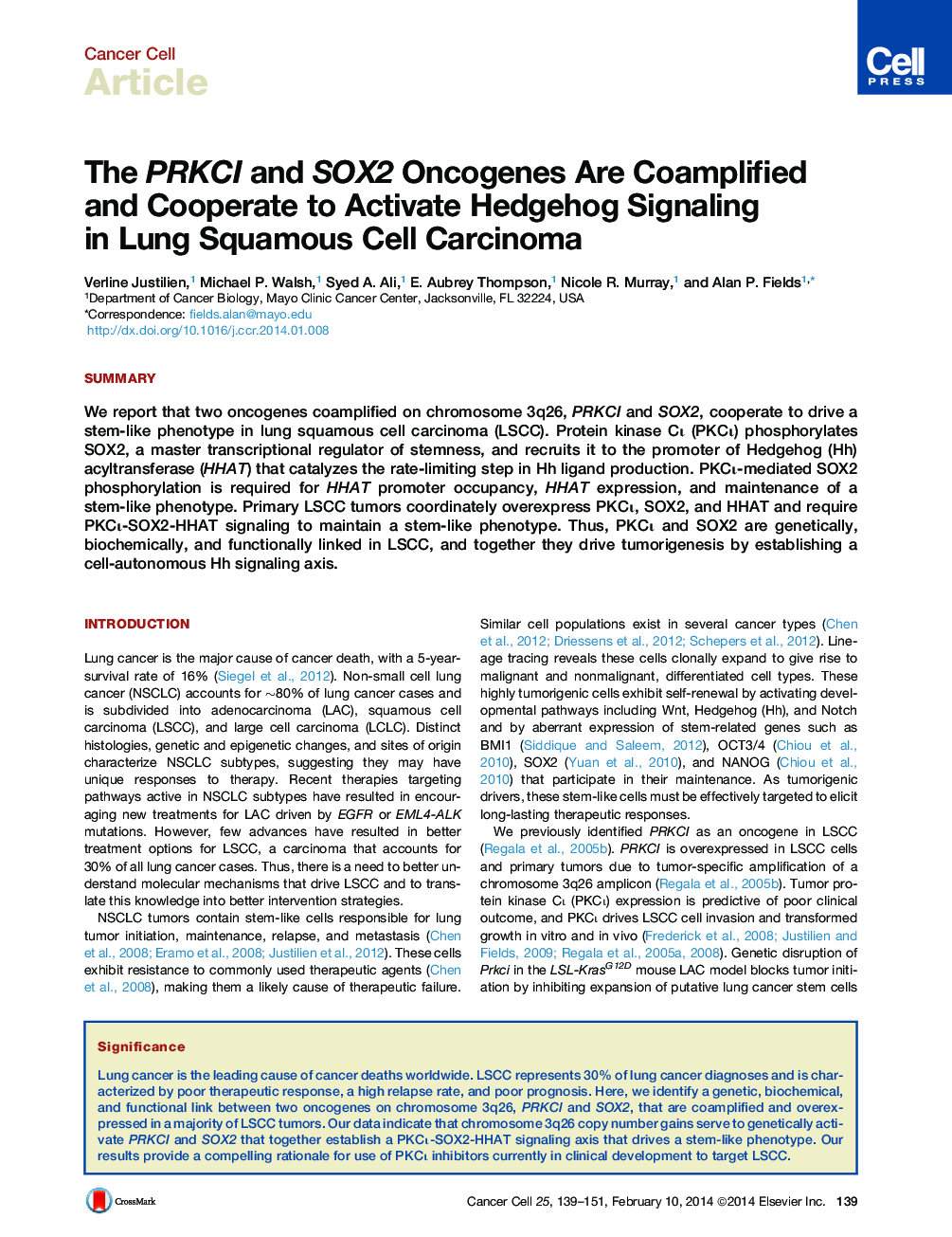 عکس صفحه اول مقاله: The PRKCI and SOX2 Oncogenes Are Coamplified and Cooperate to Activate Hedgehog Signaling in Lung Squamous Cell Carcinoma The PRKCI and SOX2 Oncogenes Are Coamplified and Cooperate to Activate Hedgehog Signaling in Lung Squamous Cell Carcinoma