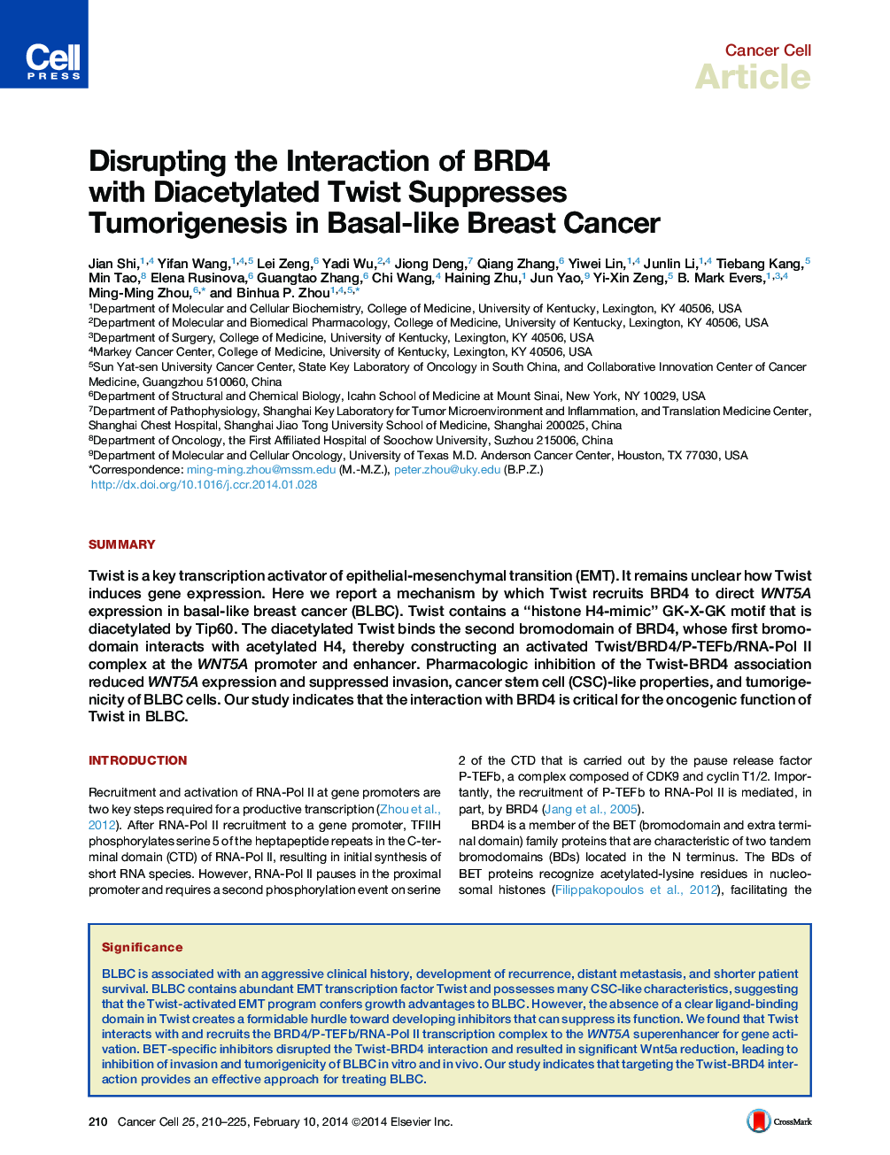 عکس صفحه اول مقاله: Disrupting the Interaction of BRD4 with Diacetylated Twist Suppresses Tumorigenesis in Basal-like Breast Cancer Disrupting the Interaction of BRD4 with Diacetylated Twist Suppresses Tumorigenesis in Basal-like Breast Cancer
