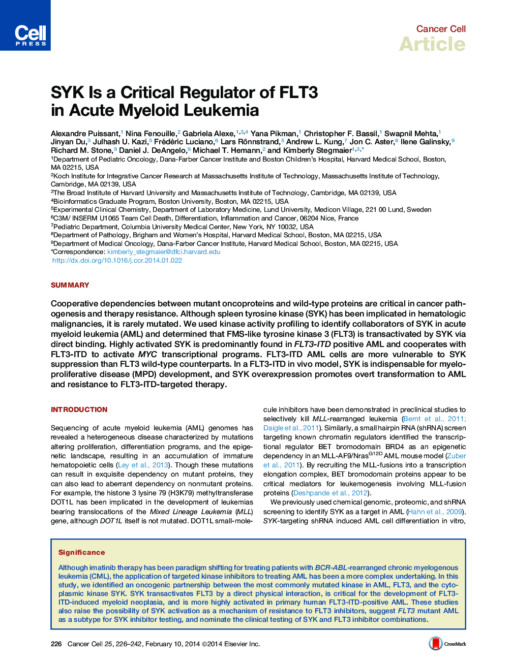 عکس صفحه اول مقاله: SYK Is a Critical Regulator of FLT3 in Acute Myeloid Leukemia SYK Is a Critical Regulator of FLT3 in Acute Myeloid Leukemia