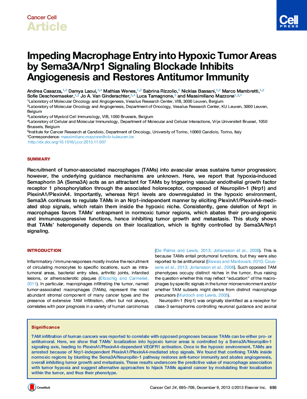 Impeding Macrophage Entry into Hypoxic Tumor Areas by Sema3A/Nrp1 Signaling Blockade Inhibits Angiogenesis and Restores Antitumor Immunity