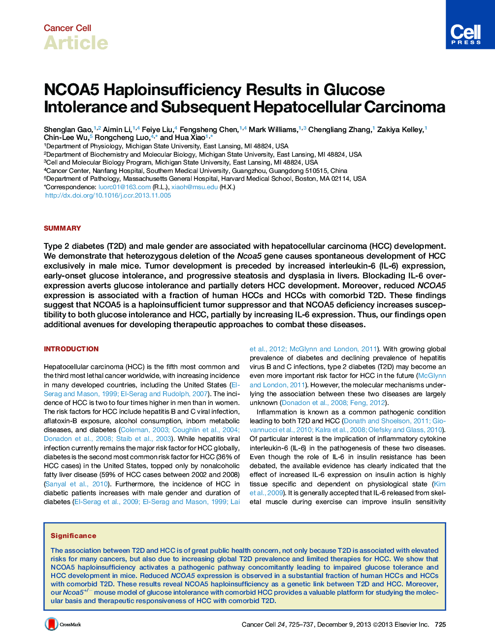 NCOA5 Haploinsufficiency Results in Glucose Intolerance and Subsequent Hepatocellular Carcinoma