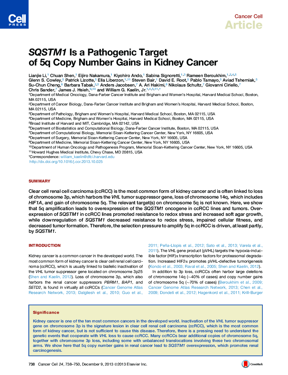 عکس صفحه اول مقاله: SQSTM1 Is a Pathogenic Target of 5q Copy Number Gains in Kidney Cancer SQSTM1 Is a Pathogenic Target of 5q Copy Number Gains in Kidney Cancer
