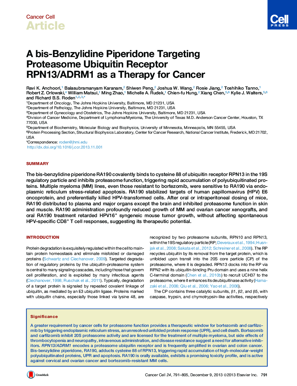 A bis-Benzylidine Piperidone Targeting Proteasome Ubiquitin Receptor RPN13/ADRM1 as a Therapy for Cancer