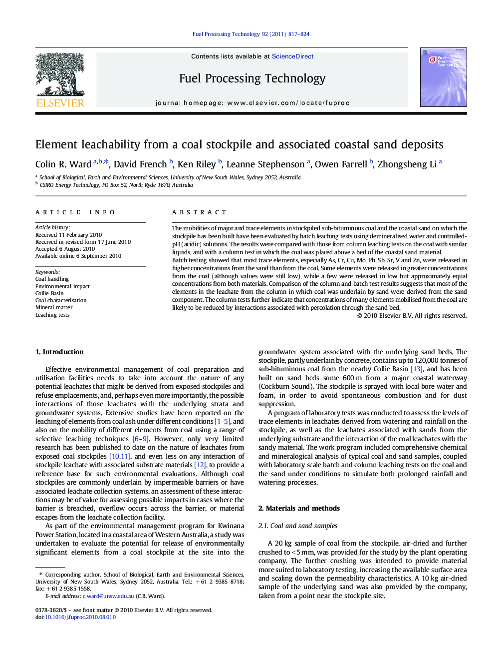 Element leachability from a coal stockpile and associated coastal sand deposits