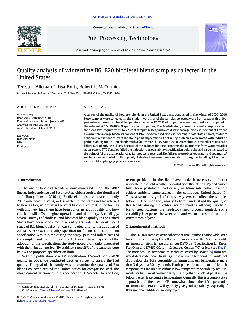 Quality analysis of wintertime B6–B20 biodiesel blend samples collected in the United States