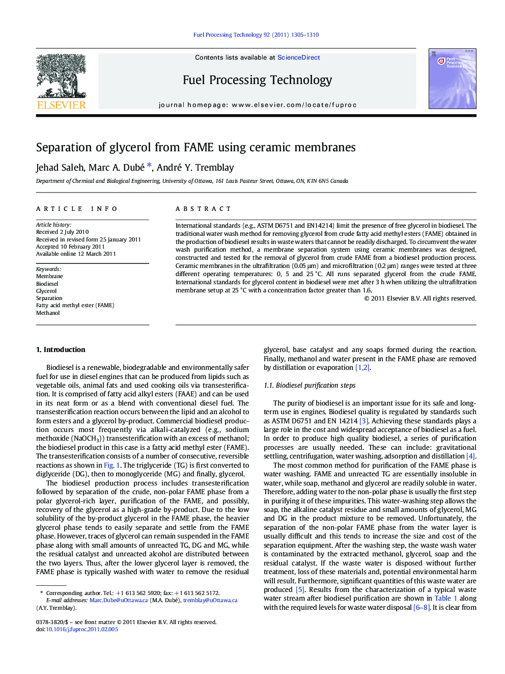 Separation of glycerol from FAME using ceramic membranes