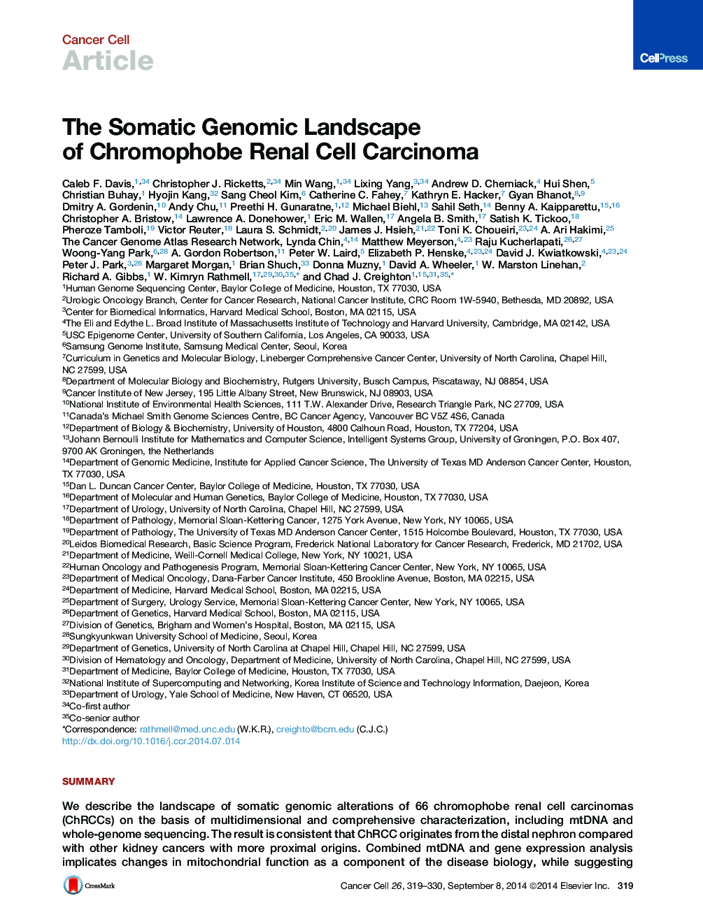 The Somatic Genomic Landscape of Chromophobe Renal Cell Carcinoma