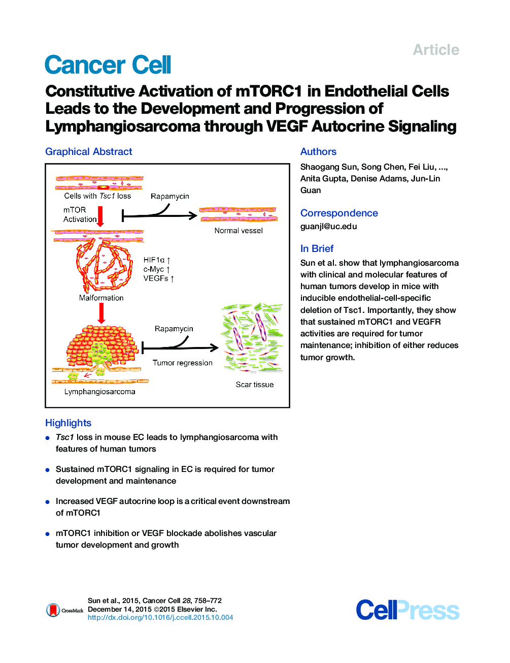 Constitutive Activation of mTORC1 in Endothelial Cells Leads to the Development and Progression of Lymphangiosarcoma through VEGF Autocrine Signaling