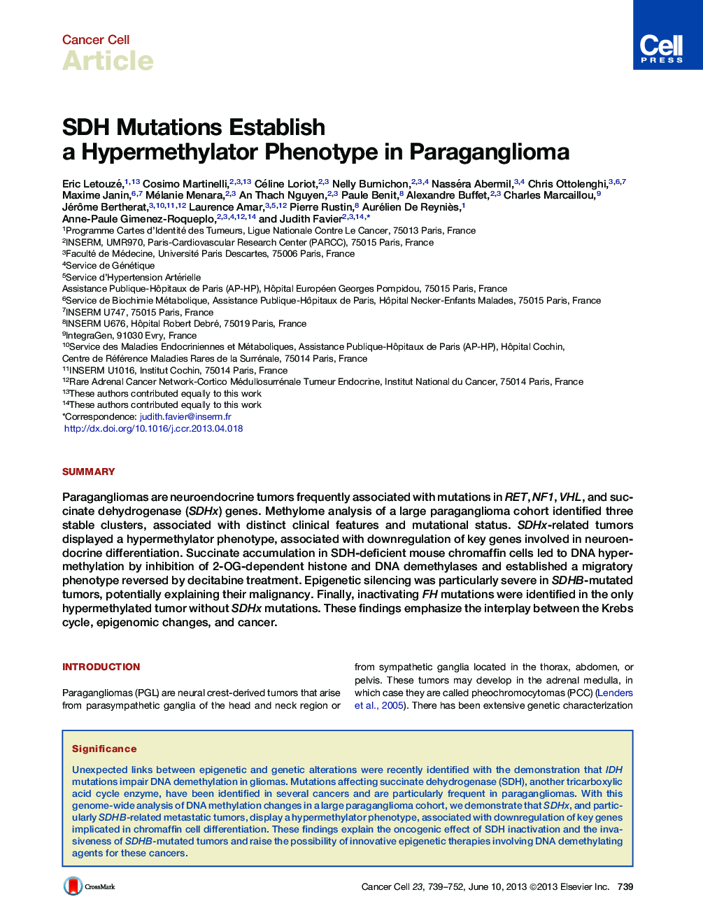 SDH Mutations Establish a Hypermethylator Phenotype in Paraganglioma