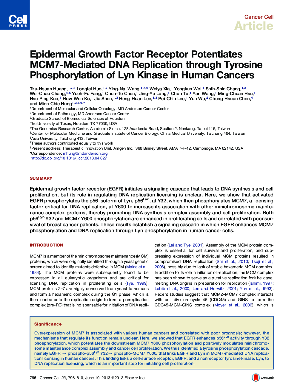 Epidermal Growth Factor Receptor Potentiates MCM7-Mediated DNA Replication through Tyrosine Phosphorylation of Lyn Kinase in Human Cancers