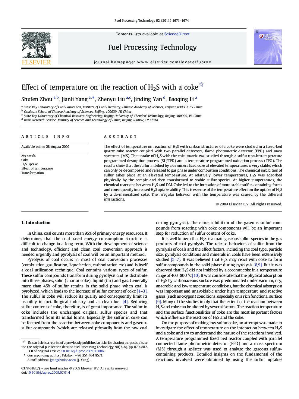 Effect of temperature on the reaction of H2S with a coke 