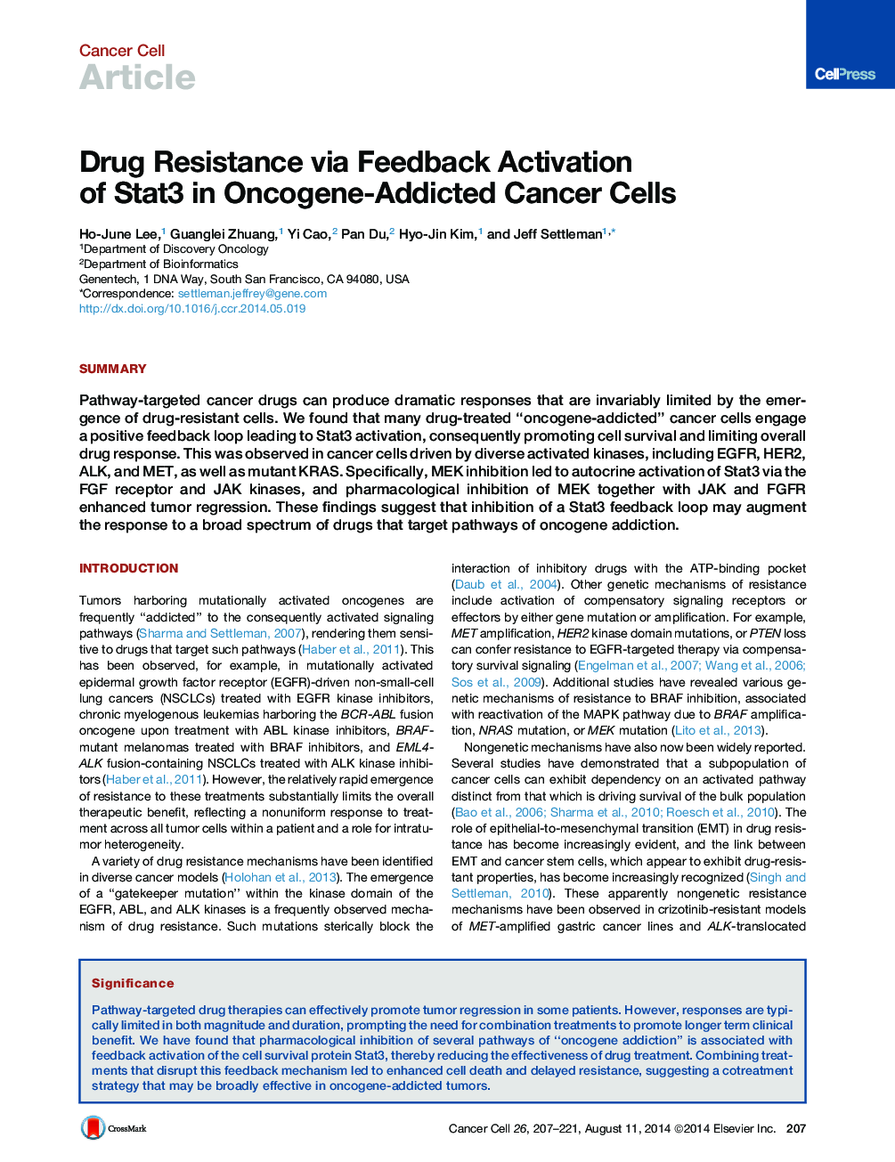 عکس صفحه اول مقاله: Drug Resistance via Feedback Activation of Stat3 in Oncogene-Addicted Cancer Cells Drug Resistance via Feedback Activation of Stat3 in Oncogene-Addicted Cancer Cells