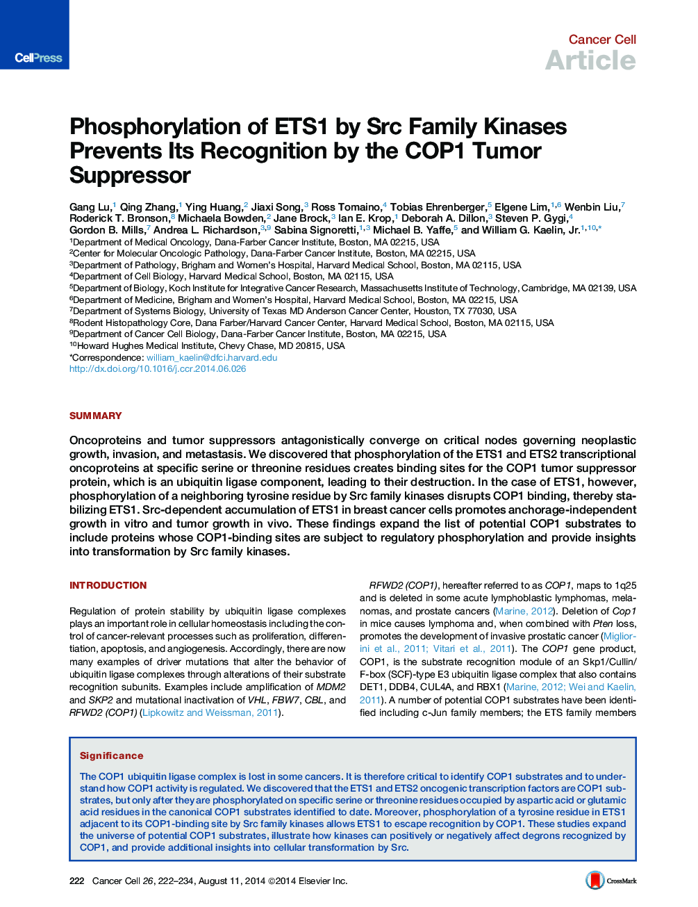 Phosphorylation of ETS1 by Src Family Kinases Prevents Its Recognition by the COP1 Tumor Suppressor