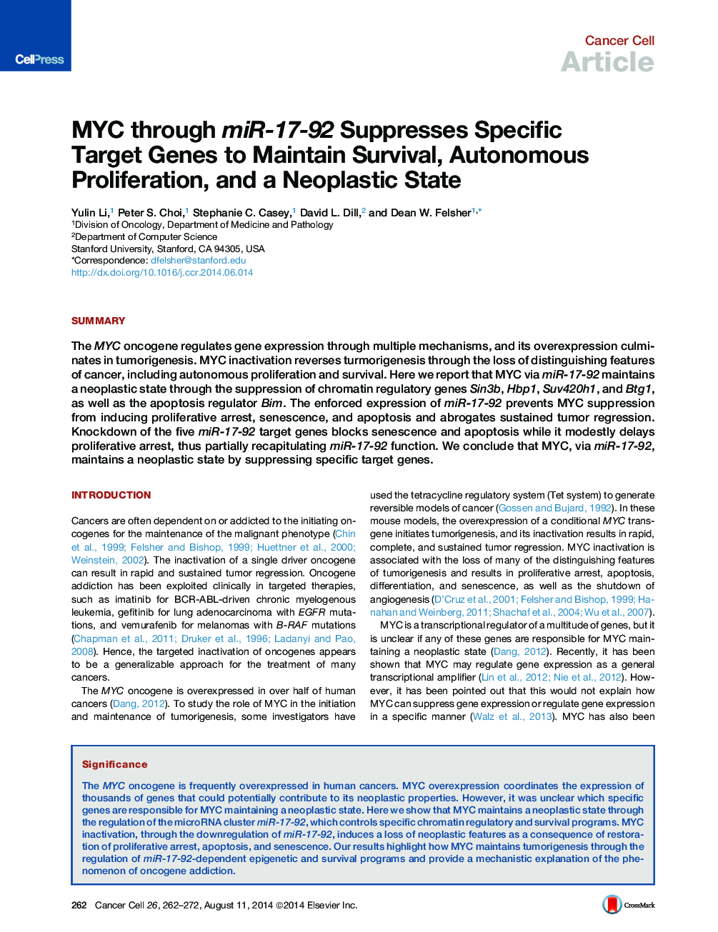 MYC through miR-17-92 Suppresses Specific Target Genes to Maintain Survival, Autonomous Proliferation, and a Neoplastic State