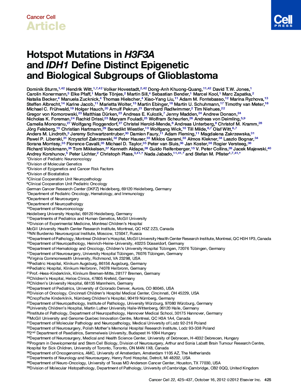 Hotspot Mutations in H3F3A and IDH1 Define Distinct Epigenetic and Biological Subgroups of Glioblastoma