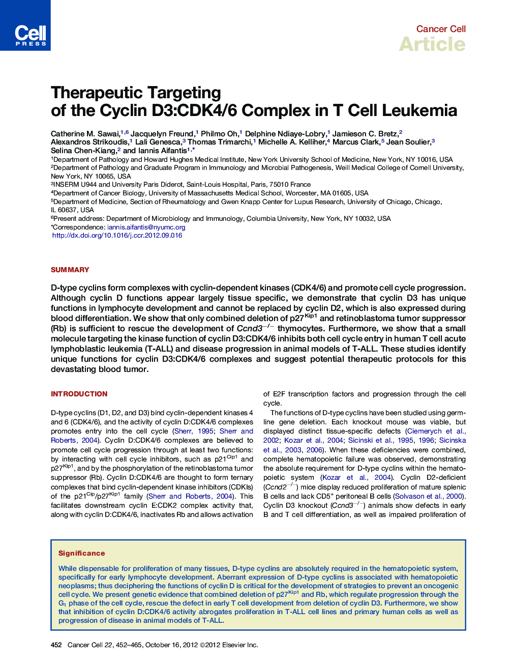 Therapeutic Targeting of the Cyclin D3:CDK4/6 Complex in T Cell Leukemia