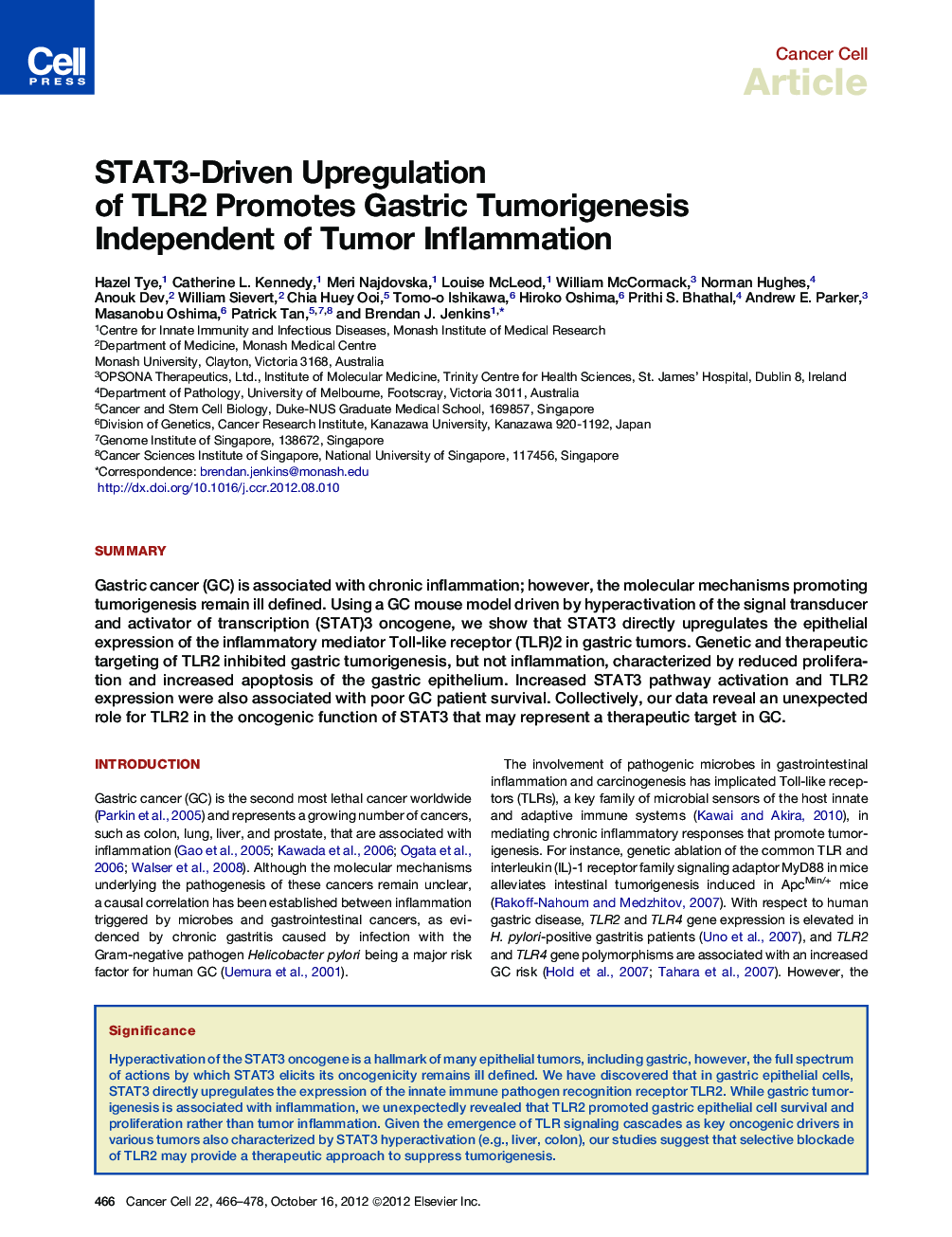 STAT3-Driven Upregulation of TLR2 Promotes Gastric Tumorigenesis Independent of Tumor Inflammation
