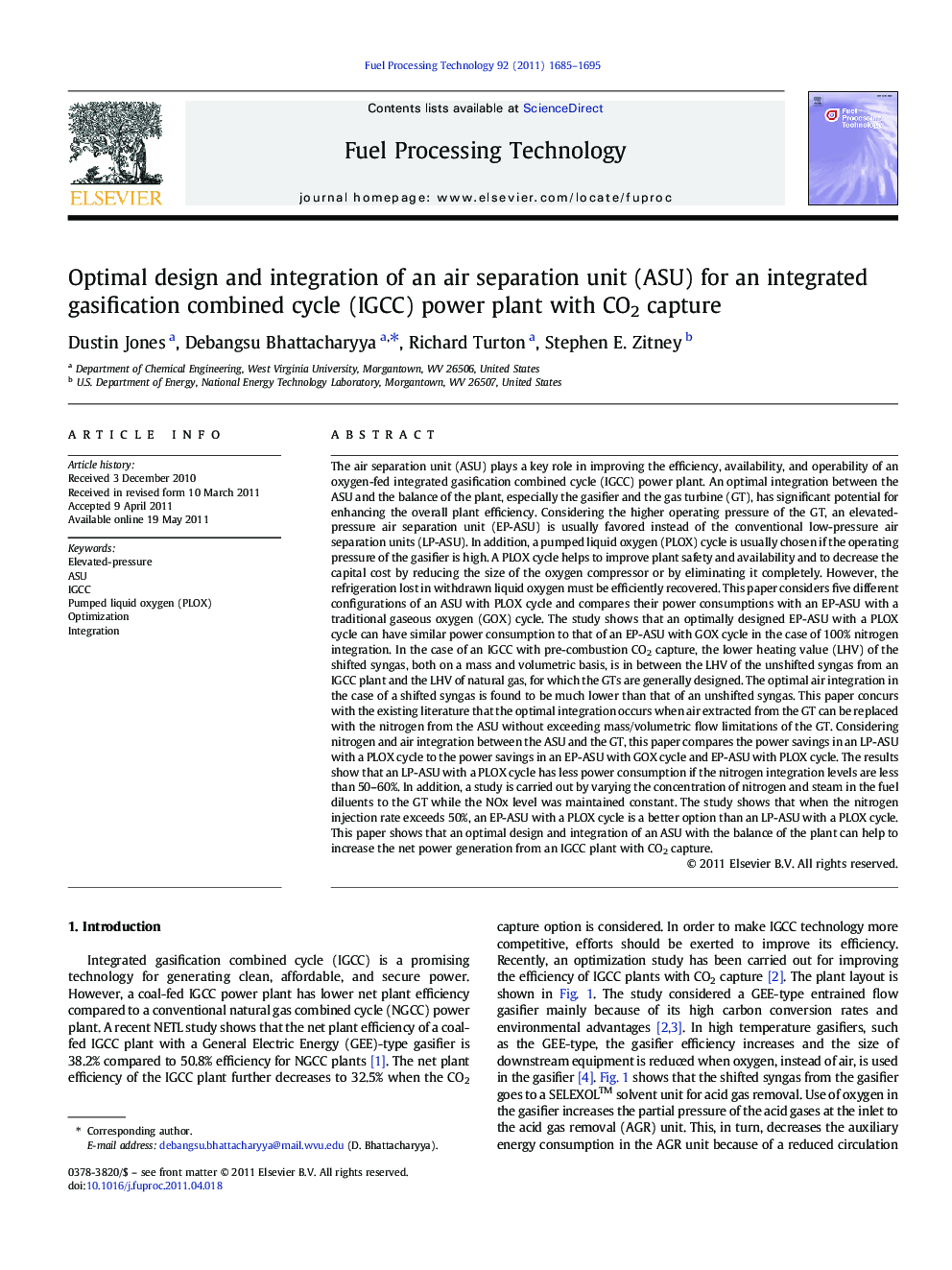 Optimal design and integration of an air separation unit (ASU) for an integrated gasification combined cycle (IGCC) power plant with CO2 capture