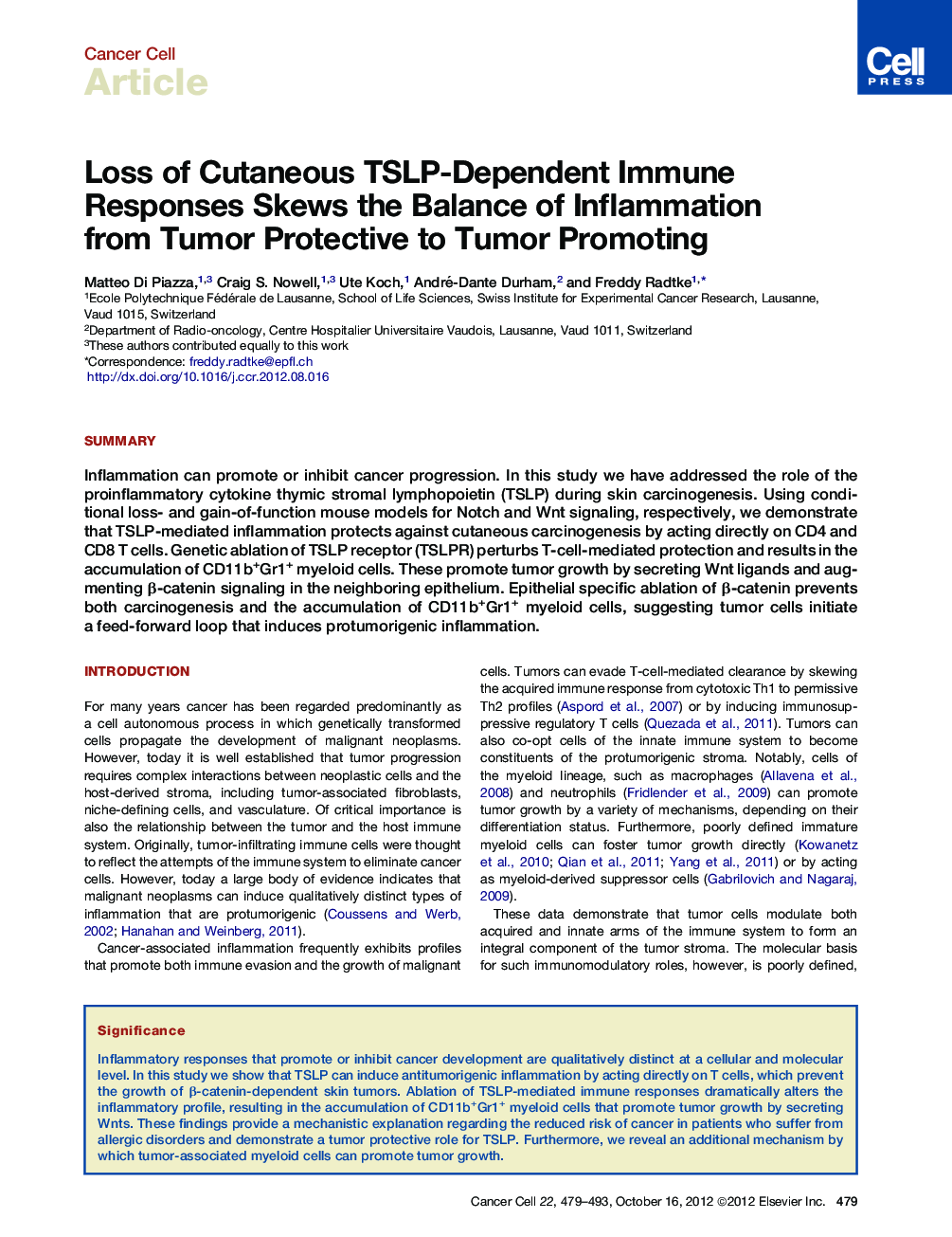 Loss of Cutaneous TSLP-Dependent Immune Responses Skews the Balance of Inflammation from Tumor Protective to Tumor Promoting