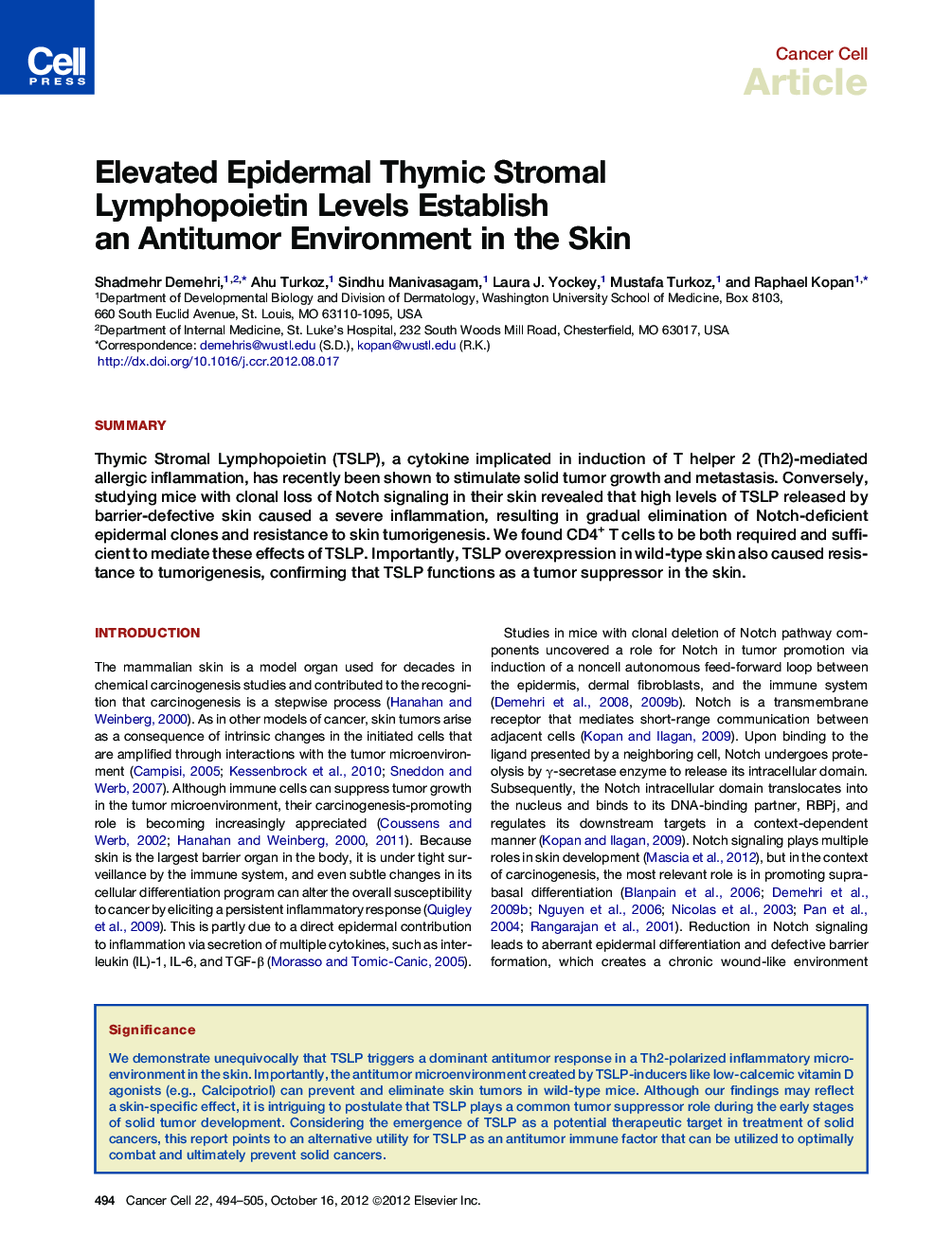 Elevated Epidermal Thymic Stromal Lymphopoietin Levels Establish an Antitumor Environment in the Skin