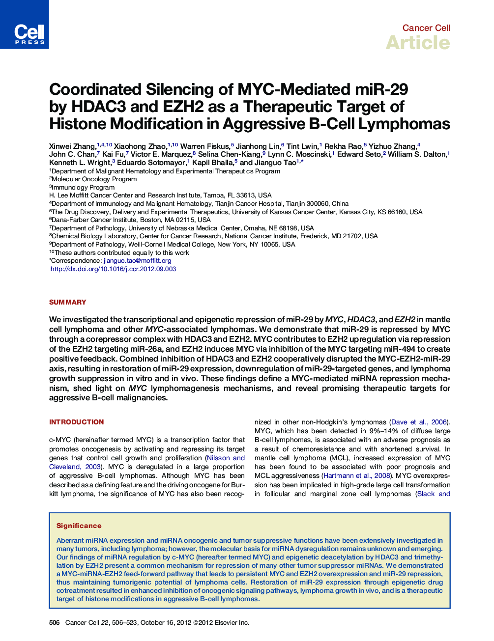 Coordinated Silencing of MYC-Mediated miR-29 by HDAC3 and EZH2 as a Therapeutic Target of Histone Modification in Aggressive B-Cell Lymphomas