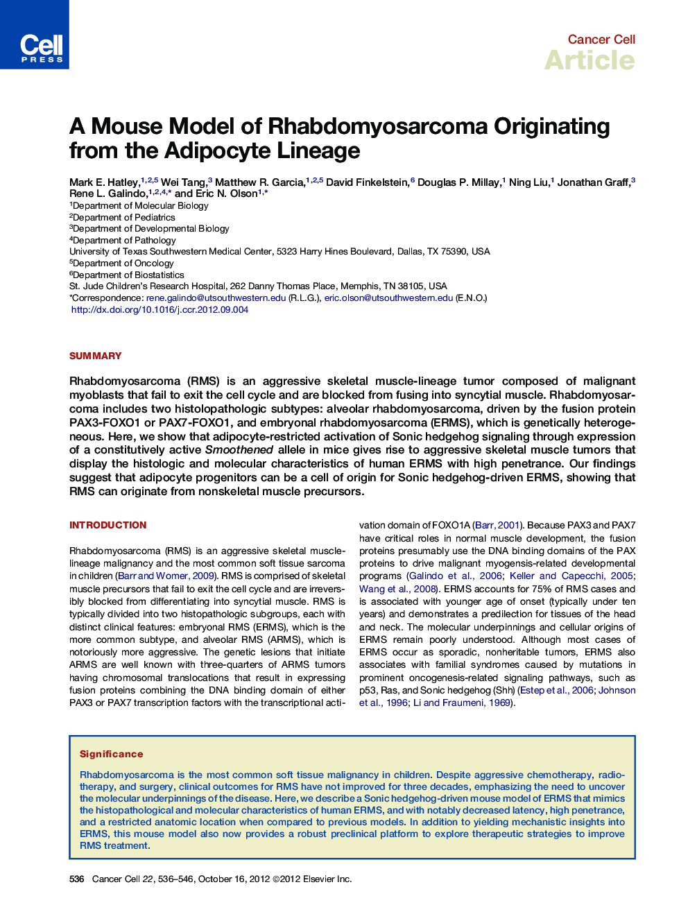 A Mouse Model of Rhabdomyosarcoma Originating from the Adipocyte Lineage