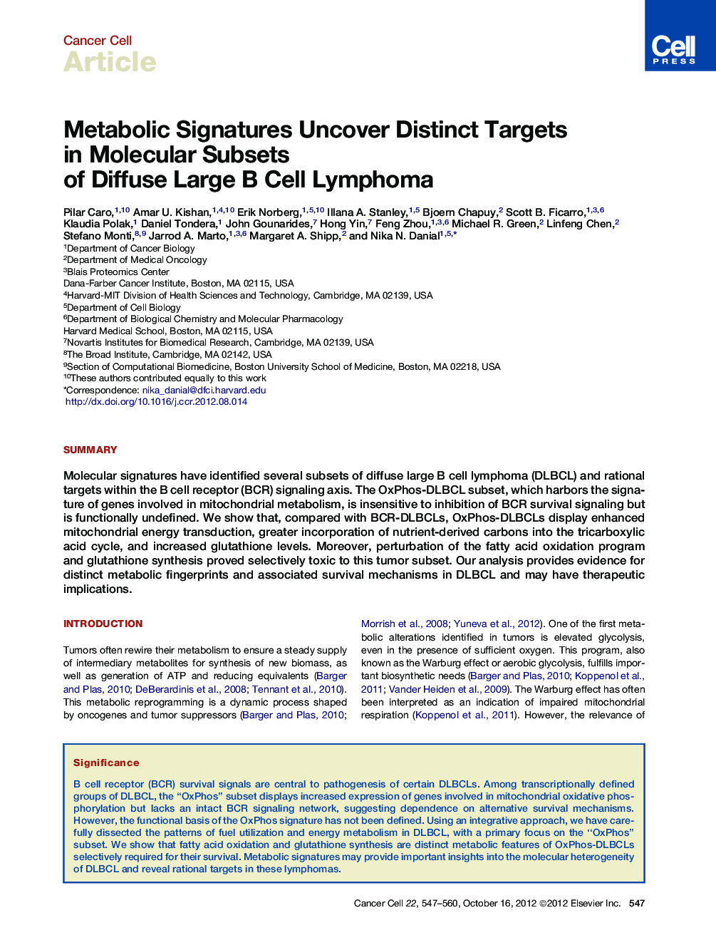 عکس صفحه اول مقاله: Metabolic Signatures Uncover Distinct Targets in Molecular Subsets of Diffuse Large B Cell Lymphoma Metabolic Signatures Uncover Distinct Targets in Molecular Subsets of Diffuse Large B Cell Lymphoma