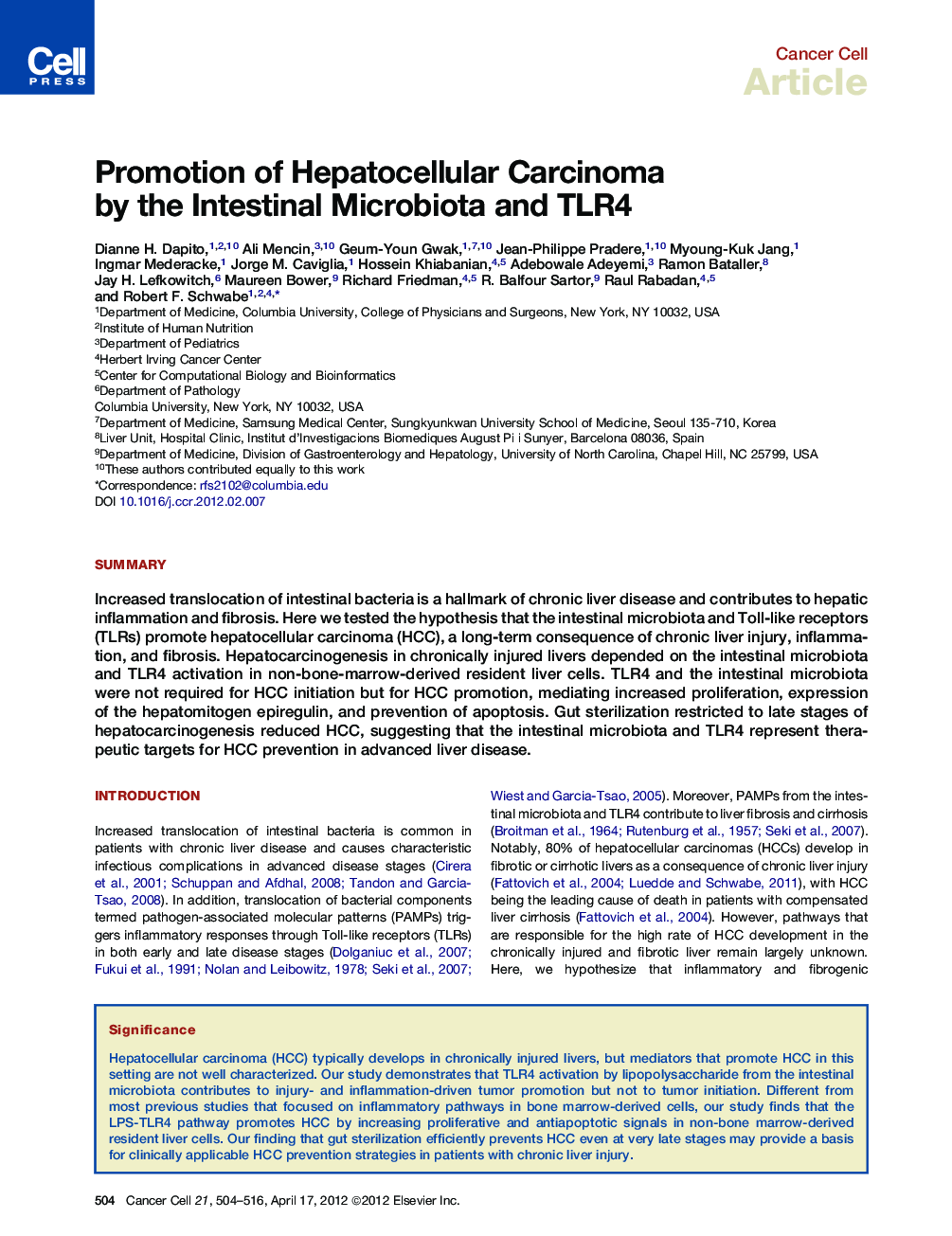 Promotion of Hepatocellular Carcinoma by the Intestinal Microbiota and TLR4