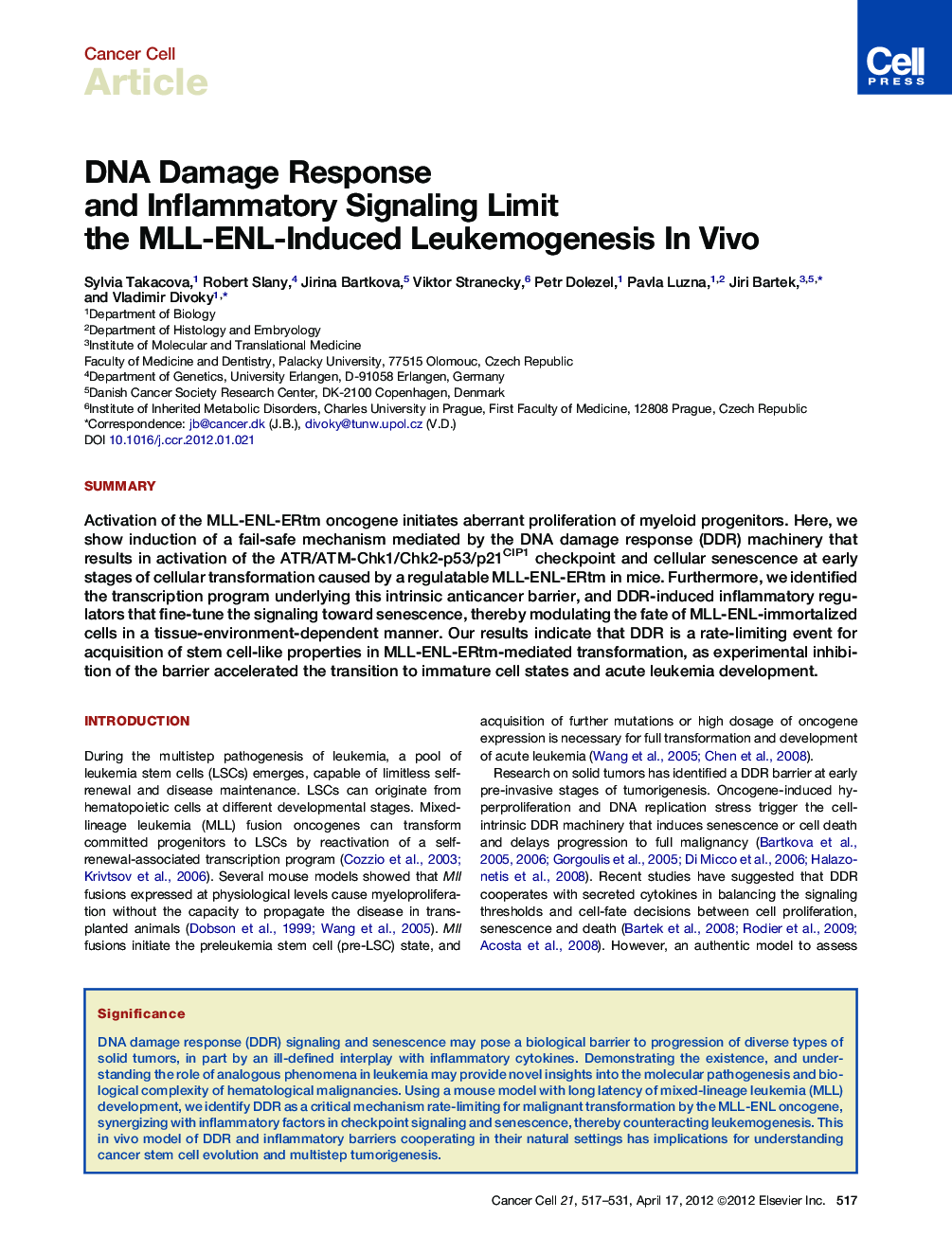 DNA Damage Response and Inflammatory Signaling Limit the MLL-ENL-Induced Leukemogenesis In Vivo