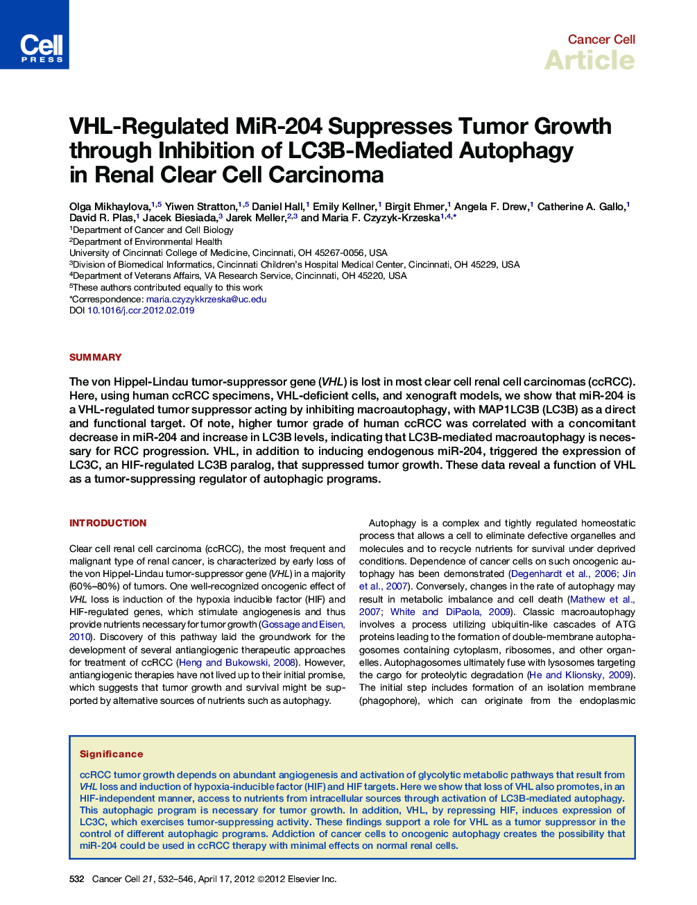 VHL-Regulated MiR-204 Suppresses Tumor Growth through Inhibition of LC3B-Mediated Autophagy in Renal Clear Cell Carcinoma
