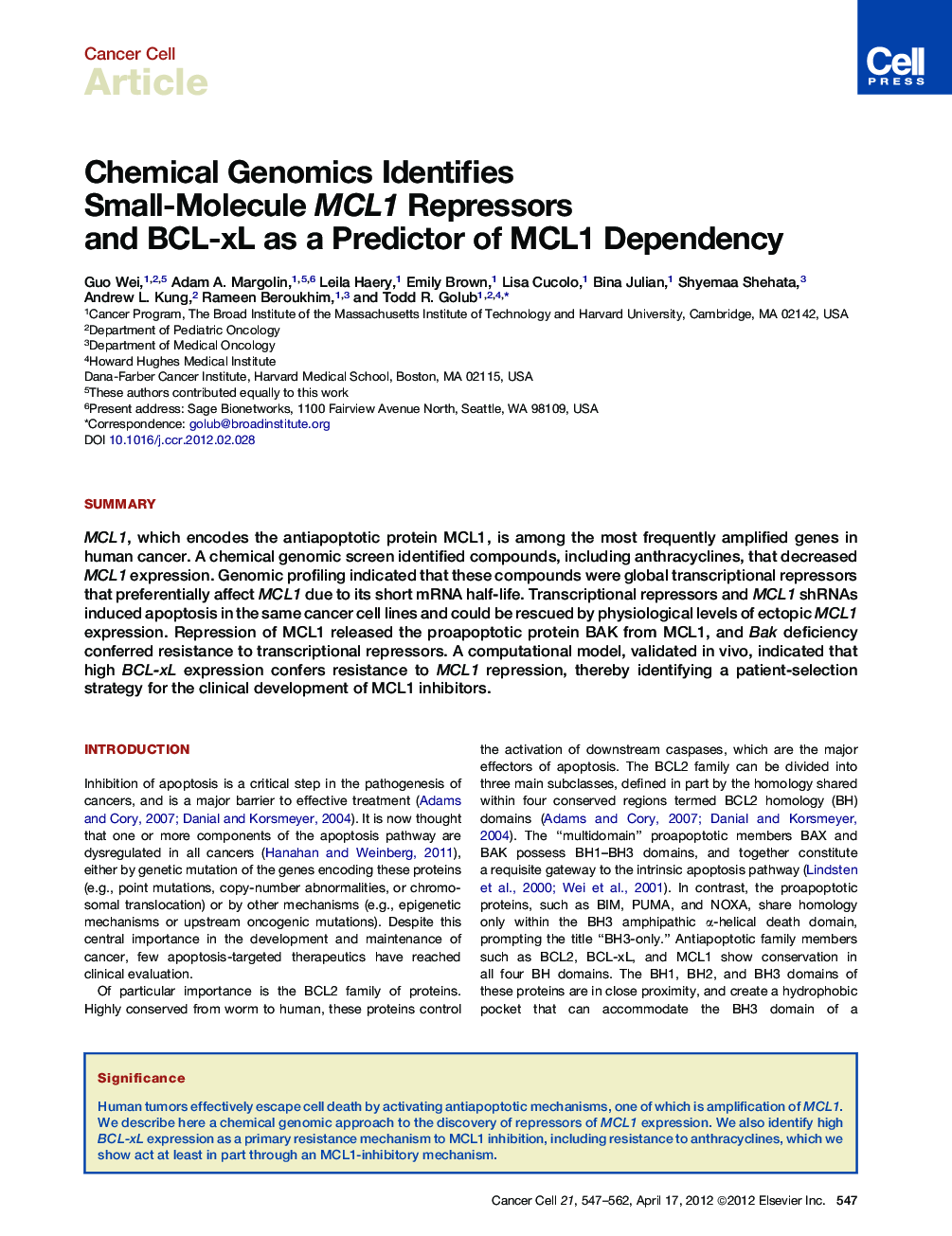 Chemical Genomics Identifies Small-Molecule MCL1 Repressors and BCL-xL as a Predictor of MCL1 Dependency