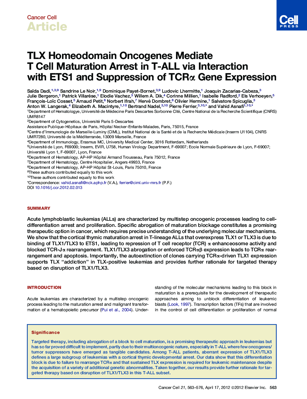 TLX Homeodomain Oncogenes Mediate T Cell Maturation Arrest in T-ALL via Interaction with ETS1 and Suppression of TCRα Gene Expression