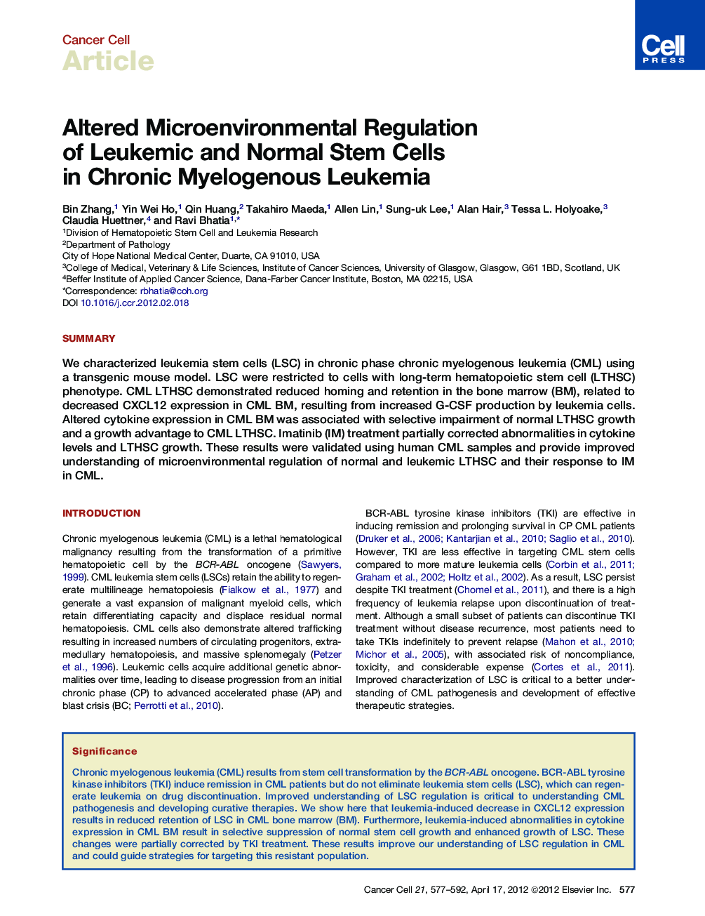 Altered Microenvironmental Regulation of Leukemic and Normal Stem Cells in Chronic Myelogenous Leukemia
