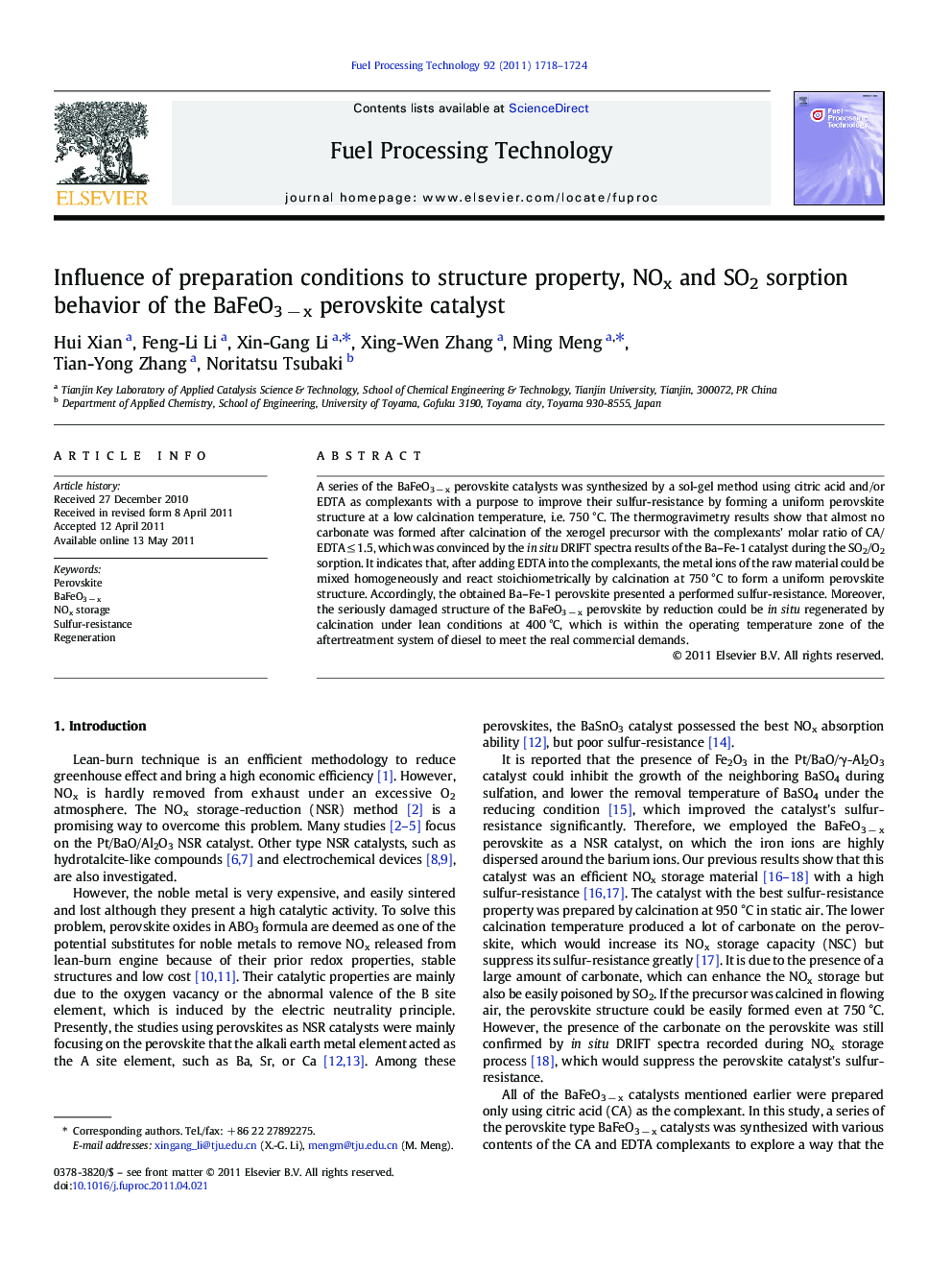 Influence of preparation conditions to structure property, NOx and SO2 sorption behavior of the BaFeO3 − x perovskite catalyst