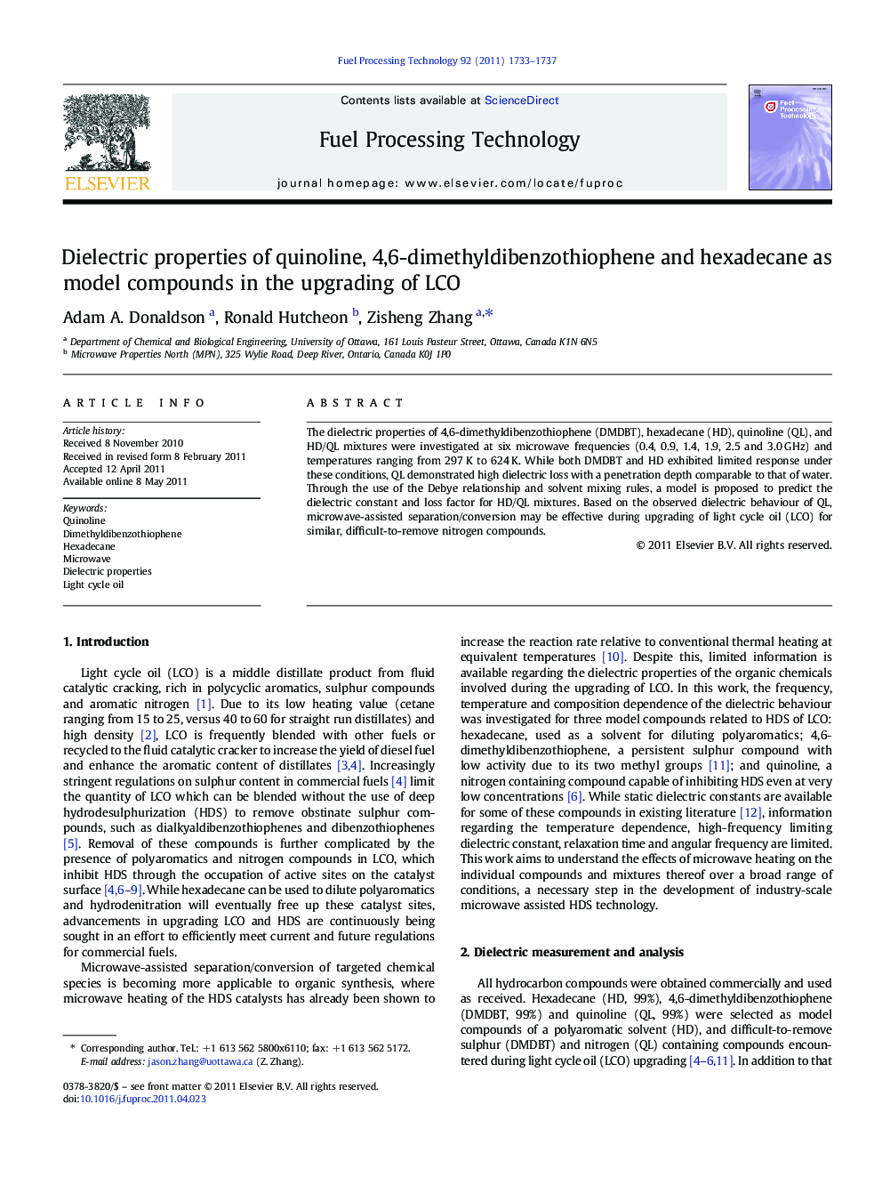 Dielectric properties of quinoline, 4,6-dimethyldibenzothiophene and hexadecane as model compounds in the upgrading of LCO