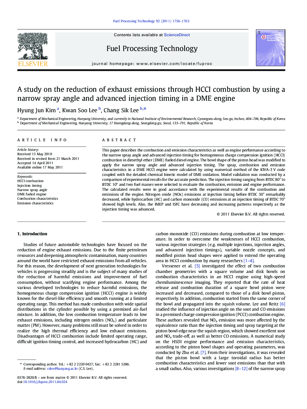 A study on the reduction of exhaust emissions through HCCI combustion by using a narrow spray angle and advanced injection timing in a DME engine